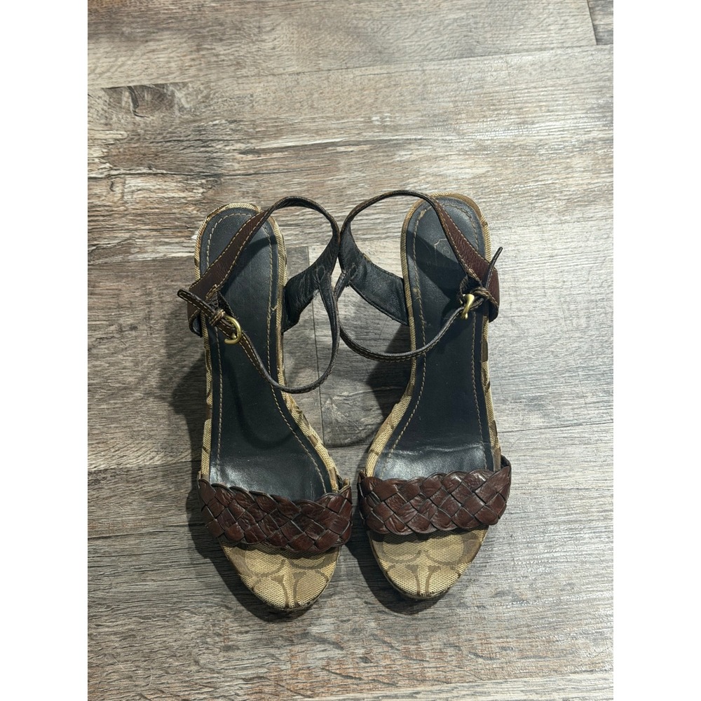 Coach Robina Signature Monogram Canvas Brown Braided Leather Wedge Sandals 7M